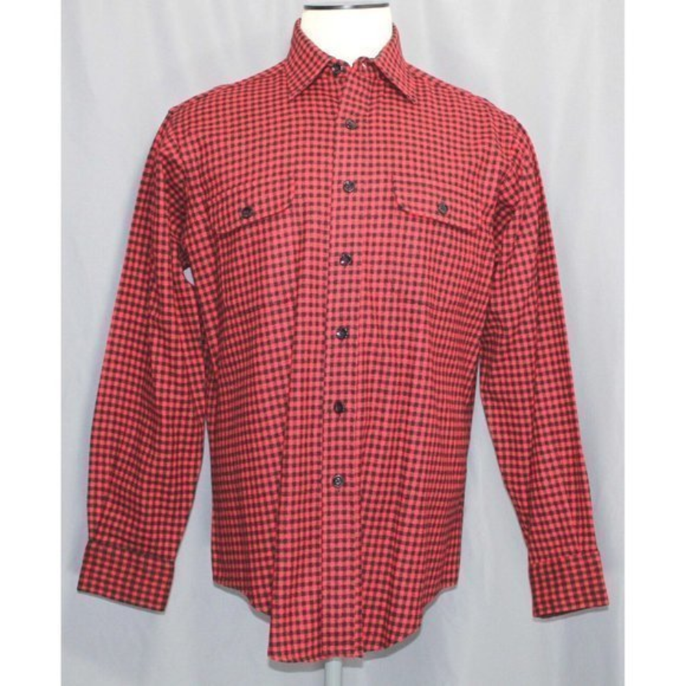 1970's-80's LL Bean Maine Red Black Check Wool Blend L/S Shirt Mens Size Large